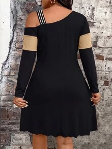 SHEIN LUNE CURVE Plus Size Women's Ribbed Elastic Knit Colorblock Casual Fashion Loose Ribbed Patchwork Long Sleeve Dress, Bow, Fashionable Elegant Commute Daily Fall - Multicolor - View 2