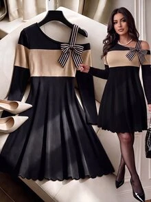 SHEIN LUNE CURVE Plus Size Women's Ribbed Elastic Knit Colorblock Casual Fashion Loose Ribbed Patchwork Long Sleeve Dress, Bow, Fashionable Elegant Commute Daily Fall - Multicolor - View 1