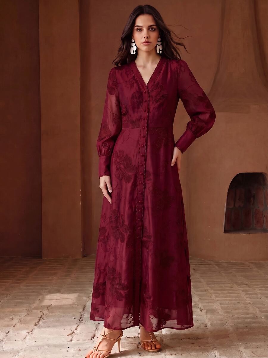 Anewsta Women's Fall/Winter Burgundy Elegant Romantic Heavy Lace Embroidery Trim V-Neck Design Long Dress, Formal Dinner, Going Out, Party Wedding - Burgundy - View 1