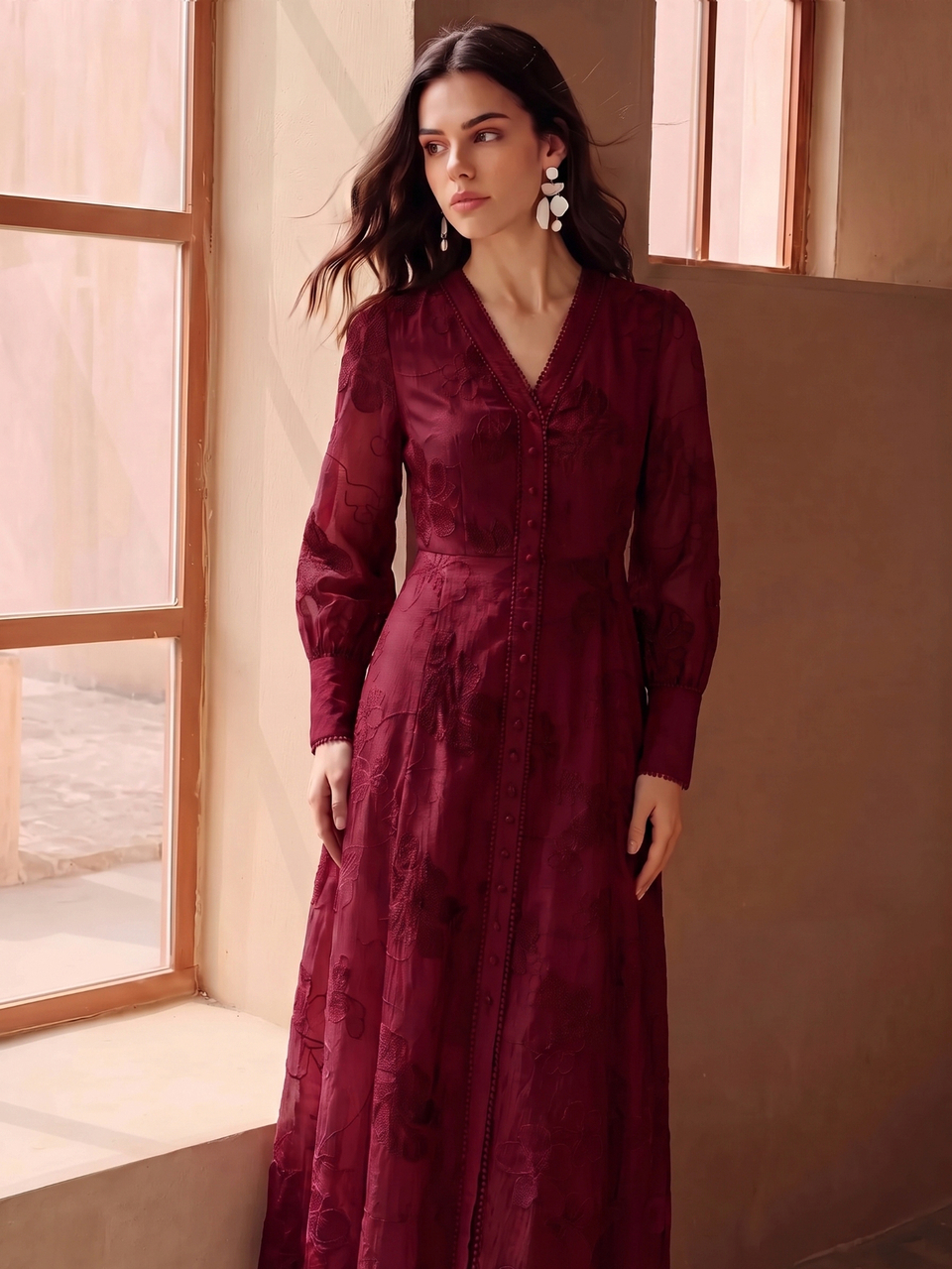 Anewsta Elegant Women's Burgundy V Neck Long A-Line Dress With Extra-Long Regular Sleeves And Random Embroidered Pattern