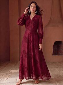 Anewsta Women's Fall/Winter Burgundy Elegant Romantic Heavy Lace Embroidery Trim V-Neck Design Long Dress, Formal Dinner, Going Out, Party Wedding - Burgundy - View 3