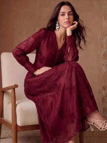 Anewsta Women's Fall/Winter Burgundy Elegant Romantic Heavy Lace Embroidery Trim V-Neck Design Long Dress, Formal Dinner, Going Out, Party Wedding - Burgundy - View 5