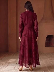 Anewsta Women's Fall/Winter Burgundy Elegant Romantic Heavy Lace Embroidery Trim V-Neck Design Long Dress, Formal Dinner, Going Out, Party Wedding - Burgundy - View 4
