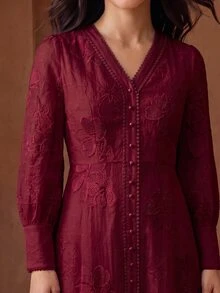 Anewsta Women's Fall/Winter Burgundy Elegant Romantic Heavy Lace Embroidery Trim V-Neck Design Long Dress, Formal Dinner, Going Out, Party Wedding - Burgundy - View 7