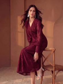 Anewsta Women's Fall/Winter Burgundy Elegant Romantic Heavy Lace Embroidery Trim V-Neck Design Long Dress, Formal Dinner, Going Out, Party Wedding - Burgundy - View 6