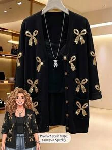 Comfylo Plus Size Women's Bow Pattern Casual Elegant Versatile Cardigan Party Morning Wedding Guest Black And Gold Spring - Black - View 10