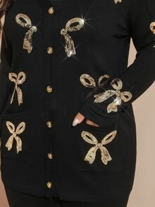 Comfylo Plus Size Women's Bow Pattern Casual Elegant Versatile Cardigan Party Morning Wedding Guest Black And Gold Spring - Black - View 8