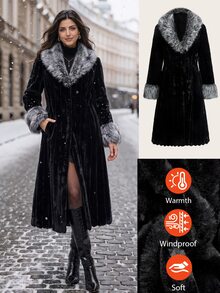 SHEIN Clasi Women's Elegant Faux Fur Coat With Lapel, Long Sleeve And Zipper Closure Dinner Black Winter - Black - View 1