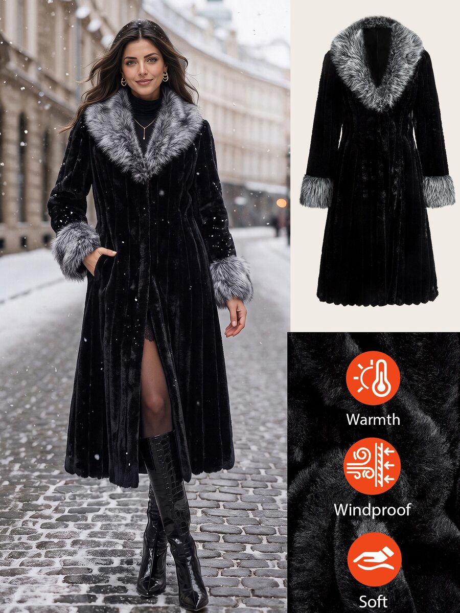SHEIN Clasi Women's Elegant Faux Fur Coat With Lapel, Long Sleeve And Zipper Closure Dinner Black Winter - Black - View 1