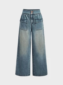 LUMIGAL 女款高腰鈕扣口袋寬鬆寬腿牛仔褲 - 藍色 - 查看 7