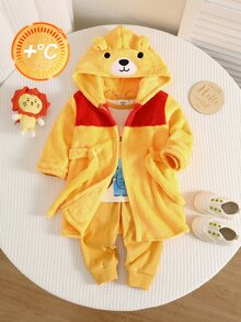 中性新生兒嬰兒男/女童、幼兒保暖內裡加厚可愛絨毛熊連帽浴袍、浴袍、浴巾，適用於居家與戶外泳裝使用，聖誕節 - 黃色 - 查看 7