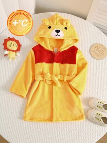 中性新生兒嬰兒男/女童、幼兒保暖內裡加厚可愛絨毛熊連帽浴袍、浴袍、浴巾，適用於居家與戶外泳裝使用，聖誕節 - 黃色 - 查看 5