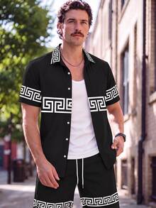 Lornexis Men's Geometric Print Single-Breasted Short Sleeve Shirt And Shorts Casual Summer Suit - Multicolor - View 1