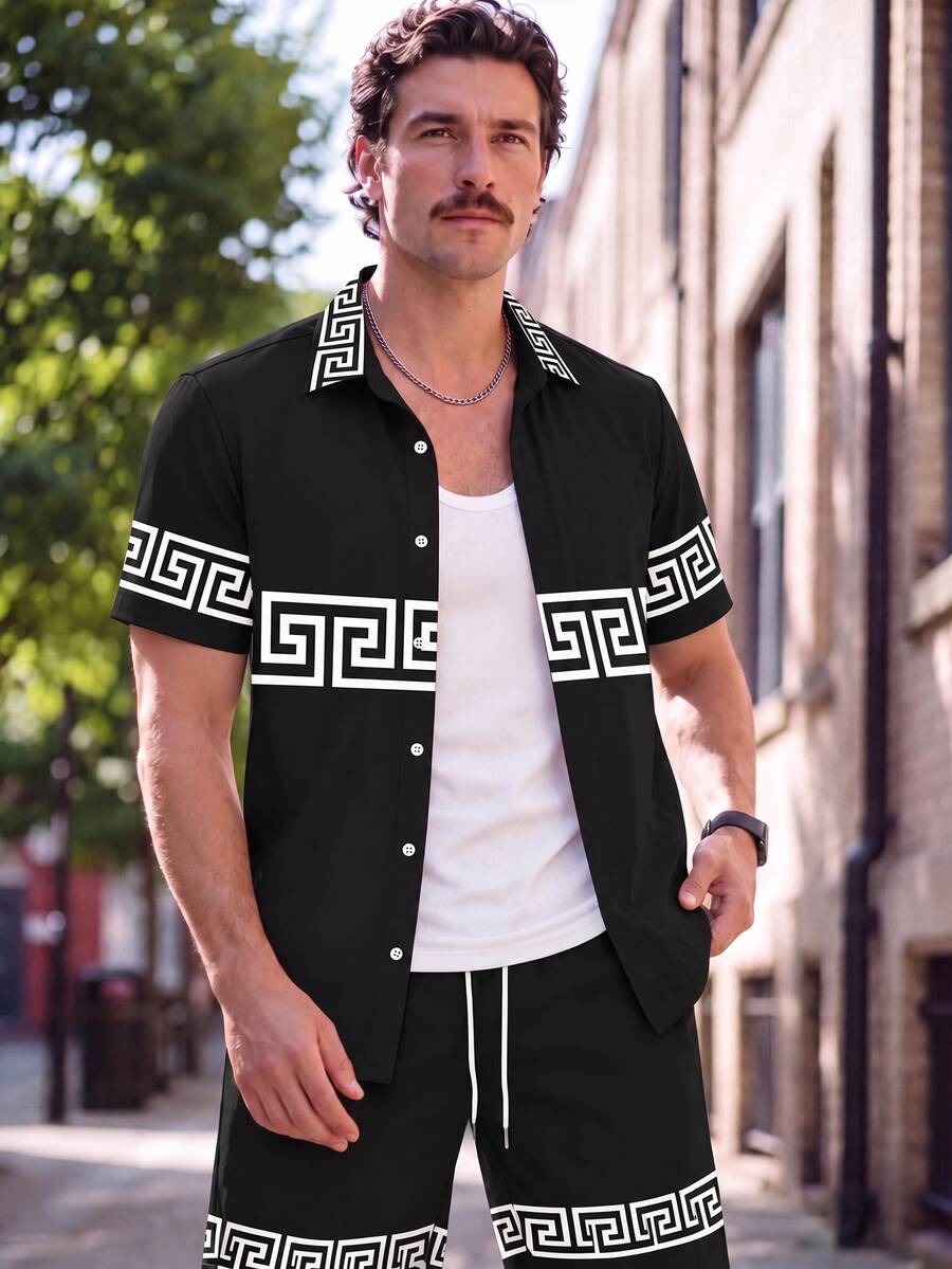 Lornexis Men's Geometric Print Single-Breasted Short Sleeve Shirt And Shorts Casual Summer Suit - Multicolor - View 1
