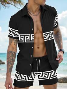 Lornexis Men's Geometric Print Single-Breasted Short Sleeve Shirt And Shorts Casual Summer Suit - Multicolor - View 3