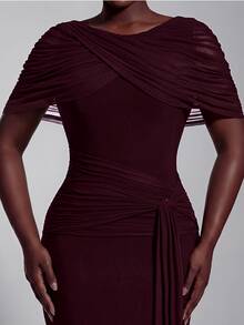 Elitara Elegant Romantic Elastic Knit Mesh Ruched Twisted Drape Design Jacket Sleeve Fishtail Skirt Suitable For Wedding Events, Bachelor Party, Vacation, Dance, Holiday Party, Graduation Season, Evening Gown Dress - Khaki - View 4