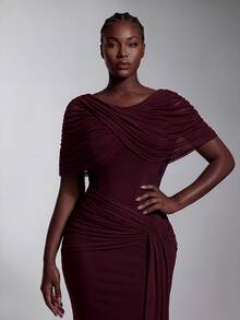 Elitara Elegant Romantic Elastic Knit Mesh Ruched Twisted Drape Design Jacket Sleeve Fishtail Skirt Suitable For Wedding Events, Bachelor Party, Vacation, Dance, Holiday Party, Graduation Season, Evening Gown Dress - Khaki - View 1