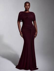 Elitara Elegant Romantic Elastic Knit Mesh Ruched Twisted Drape Design Jacket Sleeve Fishtail Skirt Suitable For Wedding Events, Bachelor Party, Vacation, Dance, Holiday Party, Graduation Season, Evening Gown Dress - Khaki - View 7