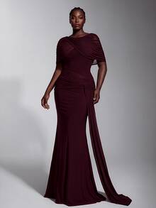 Elitara Elegant Romantic Elastic Knit Mesh Ruched Twisted Drape Design Jacket Sleeve Fishtail Skirt Suitable For Wedding Events, Bachelor Party, Vacation, Dance, Holiday Party, Graduation Season, Evening Gown Dress - Khaki - View 2