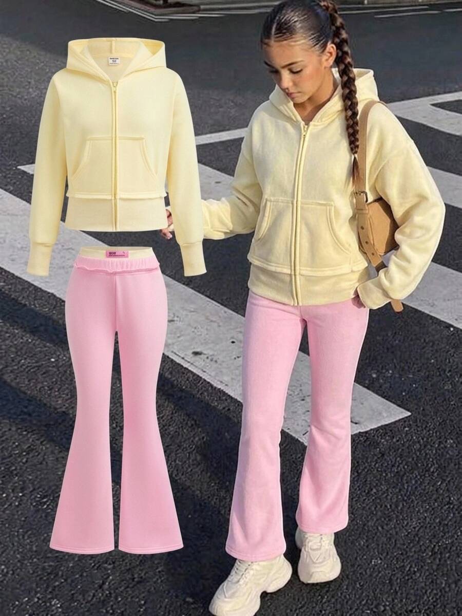 SHEIN 兒童青少年女孩黃色連帽衛衣外套與寬鬆長褲2件套休閒日常百搭時尚款，柔軟舒適秋冬風格