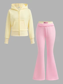SHEIN 兒童青少年女孩黃色連帽衛衣外套與寬鬆長褲2件套休閒日常百搭時尚款，柔軟舒適秋冬風格 - 彩色 - 查看 13