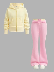 SHEIN 兒童青少年女孩黃色連帽衛衣外套與寬鬆長褲2件套休閒日常百搭時尚款，柔軟舒適秋冬風格 - 彩色 - 查看 14
