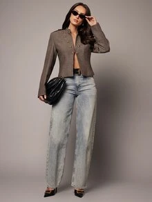 Silquee Versatile Elegant Women's Cropped Jacket Herringbone Fabric Stylish Metal Buckle Detail Everyday Wear Office Commuting Brown Autumn - Coffee Brown - View 8