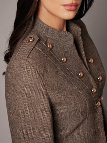 Silquee Versatile Elegant Women's Cropped Jacket Herringbone Fabric Stylish Metal Buckle Detail Everyday Wear Office Commuting Brown Autumn - Coffee Brown - View 10