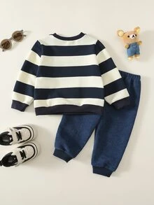 SHEIN 中性嬰兒男孩/女孩幼兒 2件組秋冬保暖內裡加厚休閒可愛熊刺繡貼布繡 2合1衛衣套裝，燈芯絨吊帶褲 2合1套裝，嬰兒冬季套裝，聖誕 - 藏蓝色 - 查看 3