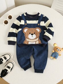 SHEIN 中性嬰兒男孩/女孩幼兒 2件組秋冬保暖內裡加厚休閒可愛熊刺繡貼布繡 2合1衛衣套裝，燈芯絨吊帶褲 2合1套裝，嬰兒冬季套裝，聖誕 - 藏蓝色 - 查看 4