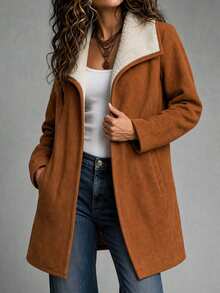 SHEIN Women's Autumn/Winter Casual Commute Elegant Outfit Thermal Lined Thick Contrast Color Composite Large Lapel Long Sleeve Brown Jacket - Brown - View 4