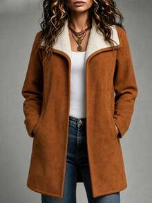 SHEIN Women's Autumn/Winter Casual Commute Elegant Outfit Thermal Lined Thick Contrast Color Composite Large Lapel Long Sleeve Brown Jacket - Brown - View 3