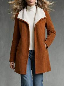 SHEIN Women's Autumn/Winter Casual Commute Elegant Outfit Thermal Lined Thick Contrast Color Composite Large Lapel Long Sleeve Brown Jacket - Brown - View 6