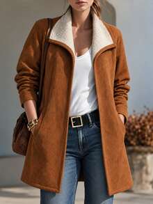 SHEIN Women's Autumn/Winter Casual Commute Elegant Outfit Thermal Lined Thick Contrast Color Composite Large Lapel Long Sleeve Brown Jacket - Brown - View 1