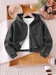 SHEIN جاكيت قصير بغطاء رأس وأكمام طويلة من الدنيم المحبوك باللون الأسود للفتيات المراهقات - الأسود - مشاهدة 5