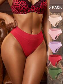 Bare Chapter 5pcs Woment Seamless Ribbed Comfortable High Waist G-String T-Back Thong Panties - Multicolor - View 3
