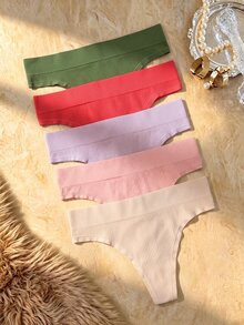 Bare Chapter 5pcs Woment Seamless Ribbed Comfortable High Waist G-String T-Back Thong Panties - Multicolor - View 5