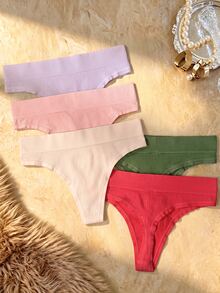 Bare Chapter 5pcs Woment Seamless Ribbed Comfortable High Waist G-String T-Back Thong Panties - Multicolor - View 8