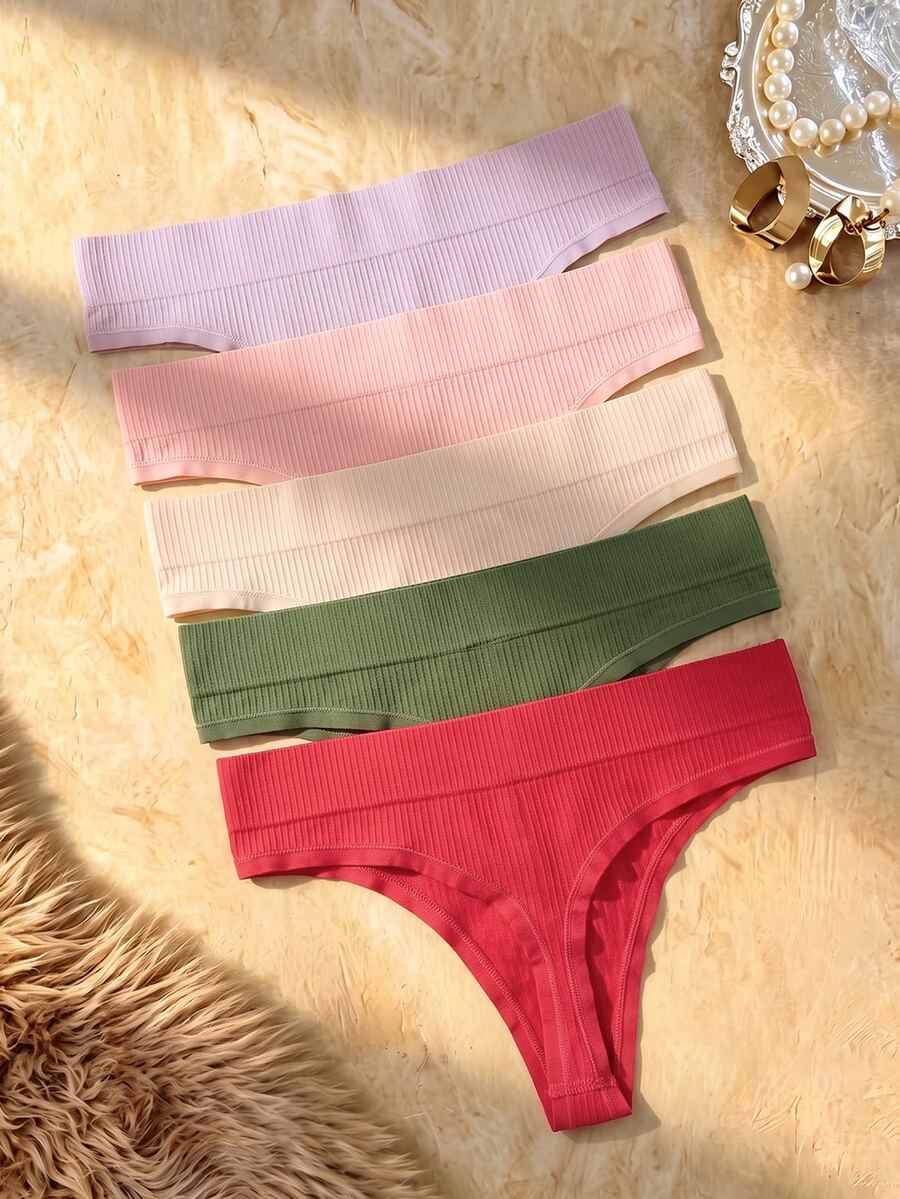 Bare Chapter 5pcs Woment Seamless Ribbed Comfortable High Waist G-String T-Back Thong Panties - Multicolor - View 1