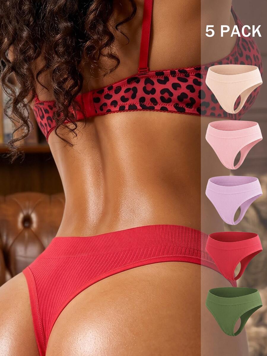 Bare Chapter 5pcs Woment Seamless Ribbed Comfortable High Waist G-String T-Back Thong Panties - Multicolor - View 1