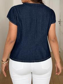 SHEIN Plus Size Women's Fashion Short Sleeve Denim Top - Dark Wash - View 6