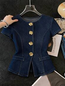 SHEIN Plus Size Women's Fashion Short Sleeve Denim Top - Dark Wash - View 9