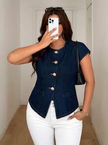 SHEIN Plus Size Women's Fashion Short Sleeve Denim Top - Dark Wash - View 5