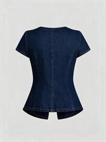 SHEIN Plus Size Women's Fashion Short Sleeve Denim Top - Dark Wash - View 2