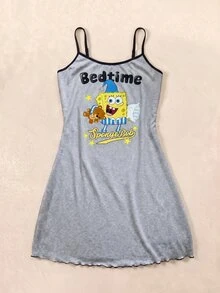 SpongeBob SquarePants | SHEIN Women's Casual Letter & Cartoon Print Camisole Nightgown, Summer - Light Grey - View 1