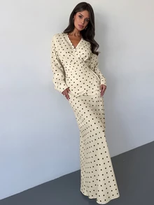 Firerie Women's Elegant Polka Dot V-Neck Wrap Tie Blouse And Mermaid Skirt Set, Shiny Top Set For Spring And Autumn, Asymmetrical Hem Set, Skirt Set, Suitable For Daily, Date, Birthday, Date, Wedding, Work And Commute Wear - Light Yellow - View 8