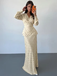 Firerie Women's Elegant Polka Dot V-Neck Wrap Tie Blouse And Mermaid Skirt Set, Shiny Top Set For Spring And Autumn, Asymmetrical Hem Set, Skirt Set, Suitable For Daily, Date, Birthday, Date, Wedding, Work And Commute Wear - Light Yellow - View 6