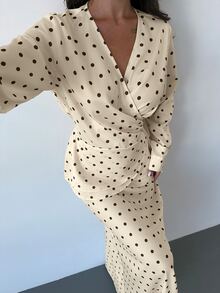 Firerie Women's Elegant Polka Dot V-Neck Wrap Tie Blouse And Mermaid Skirt Set, Shiny Top Set For Spring And Autumn, Asymmetrical Hem Set, Skirt Set, Suitable For Daily, Date, Birthday, Date, Wedding, Work And Commute Wear - Light Yellow - View 5