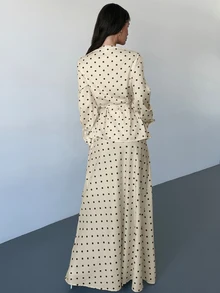 Firerie Women's Elegant Polka Dot V-Neck Wrap Tie Blouse And Mermaid Skirt Set, Shiny Top Set For Spring And Autumn, Asymmetrical Hem Set, Skirt Set, Suitable For Daily, Date, Birthday, Date, Wedding, Work And Commute Wear - Light Yellow - View 7