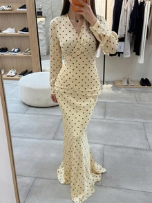 Firerie Women's Elegant Polka Dot V-Neck Wrap Tie Blouse And Mermaid Skirt Set, Shiny Top Set For Spring And Autumn, Asymmetrical Hem Set, Skirt Set, Suitable For Daily, Date, Birthday, Date, Wedding, Work And Commute Wear - Light Yellow - View 1